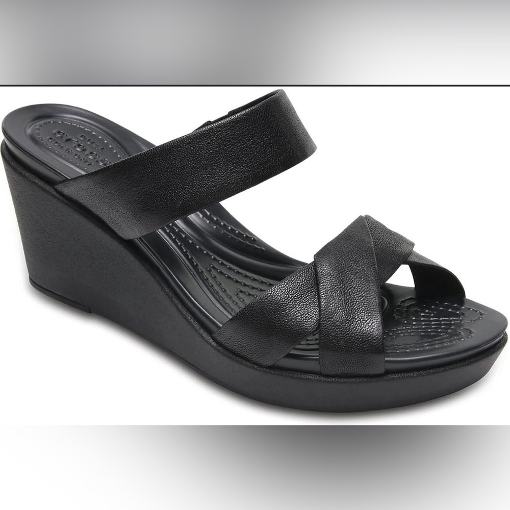 Crocs Womens Leigh Ann Leather Wedge Sandals Size 8 Slip On Comfort Strappy